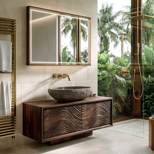 Floating Walnut Wood Bathroom Vanity With Carved Wave Front And Hidden Cabinet Storage - Echotimber