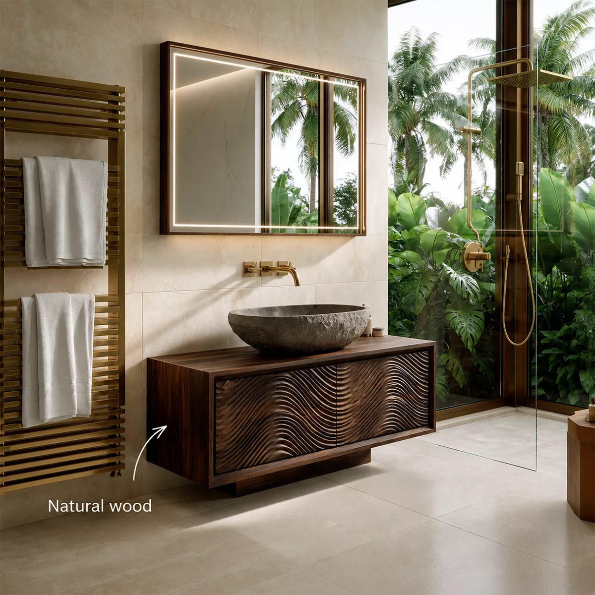 Floating Walnut Wood Bathroom Vanity With Carved Wave Front And Hidden Cabinet Storage - Livewoodcraft - 10