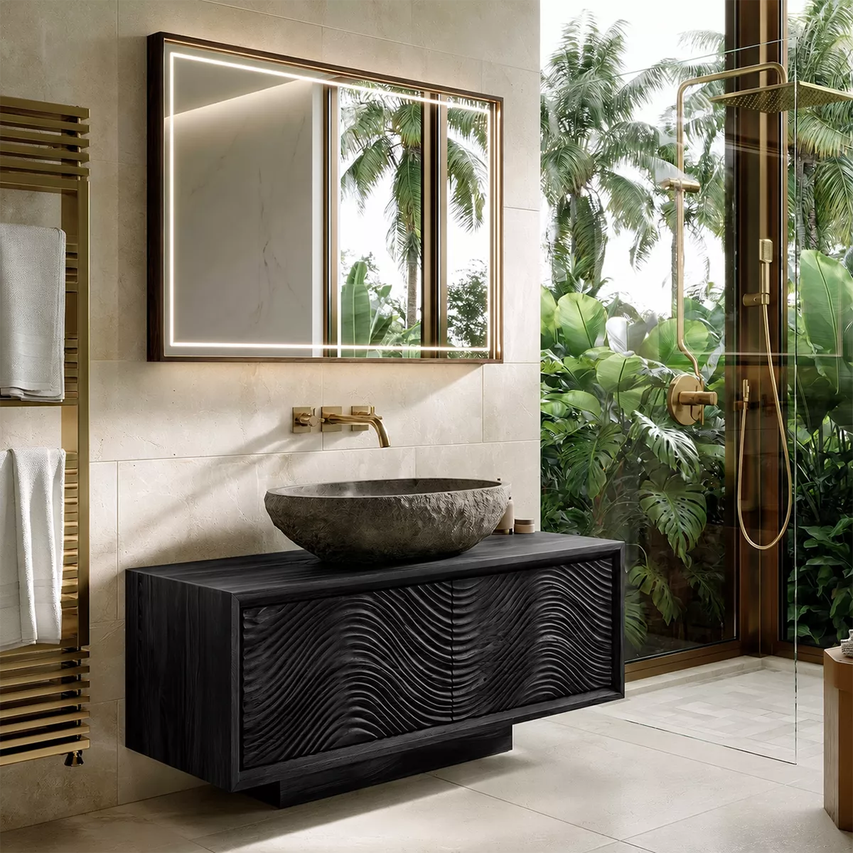 Floating Walnut Wood Bathroom Vanity With Carved Wave Front And Hidden Cabinet Storage - Livewoodcraft - 2