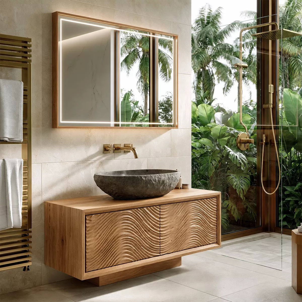 Floating Walnut Wood Bathroom Vanity With Carved Wave Front And Hidden Cabinet Storage - Livewoodcraft - 3
