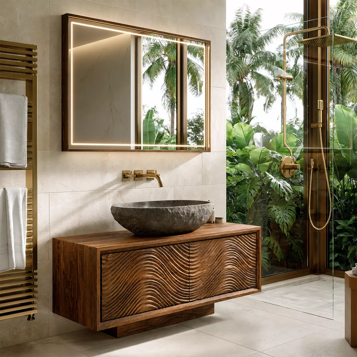 Floating Walnut Wood Bathroom Vanity With Carved Wave Front And Hidden Cabinet Storage - Livewoodcraft - 4