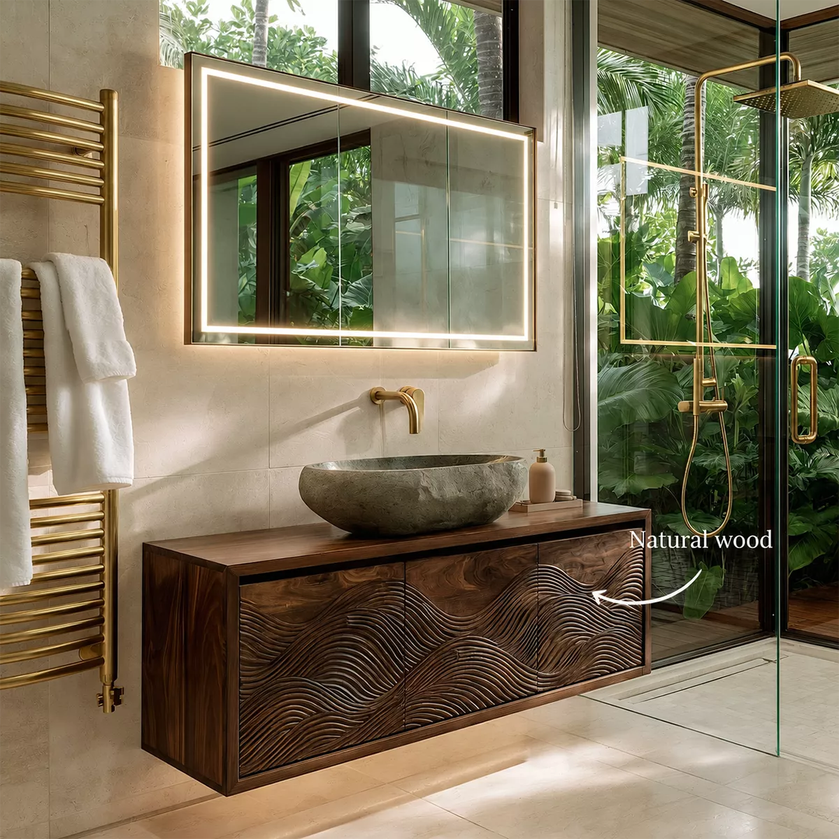 Floating Walnut Wood Bathroom Vanity With Carved Wave Front And Hidden Cabinet Storage - Livewoodcraft - 4960 - 10