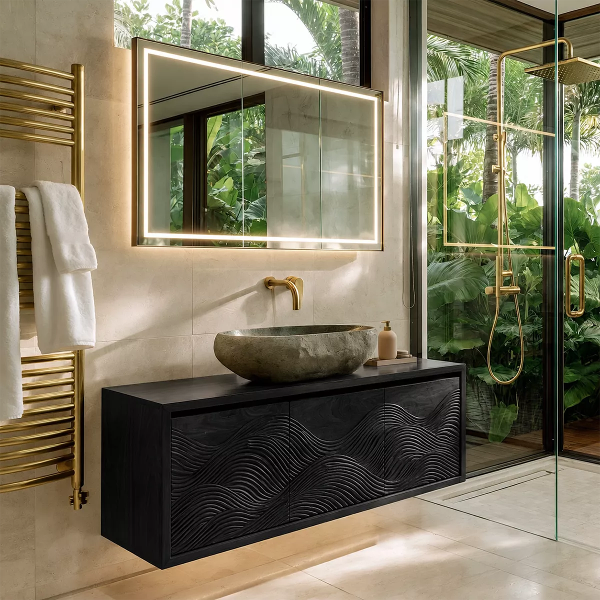 Floating Walnut Wood Bathroom Vanity With Carved Wave Front And Hidden Cabinet Storage - Livewoodcraft - 4960 - 2