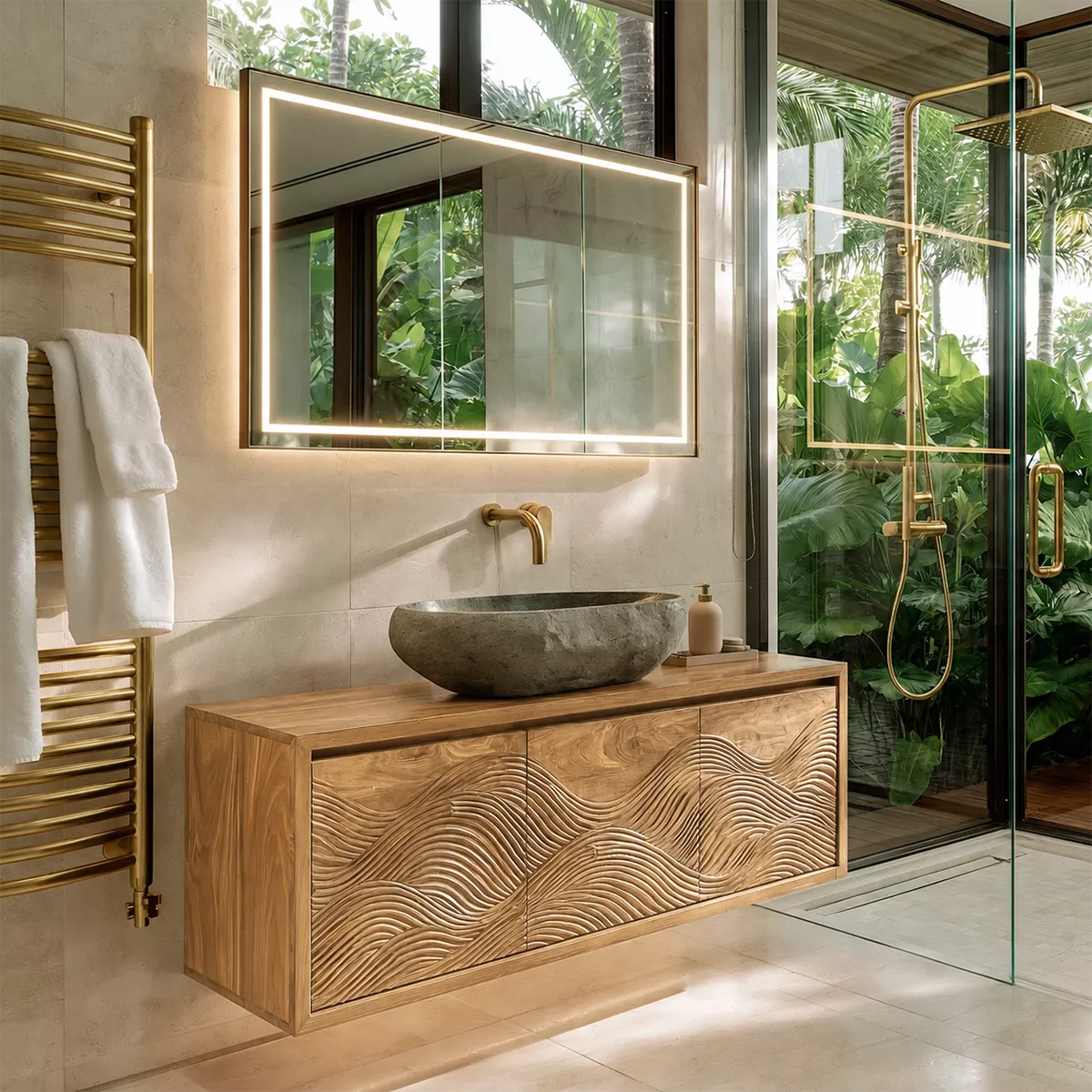 Floating Walnut Wood Bathroom Vanity With Carved Wave Front And Hidden Cabinet Storage - Livewoodcraft - 4960 - 3