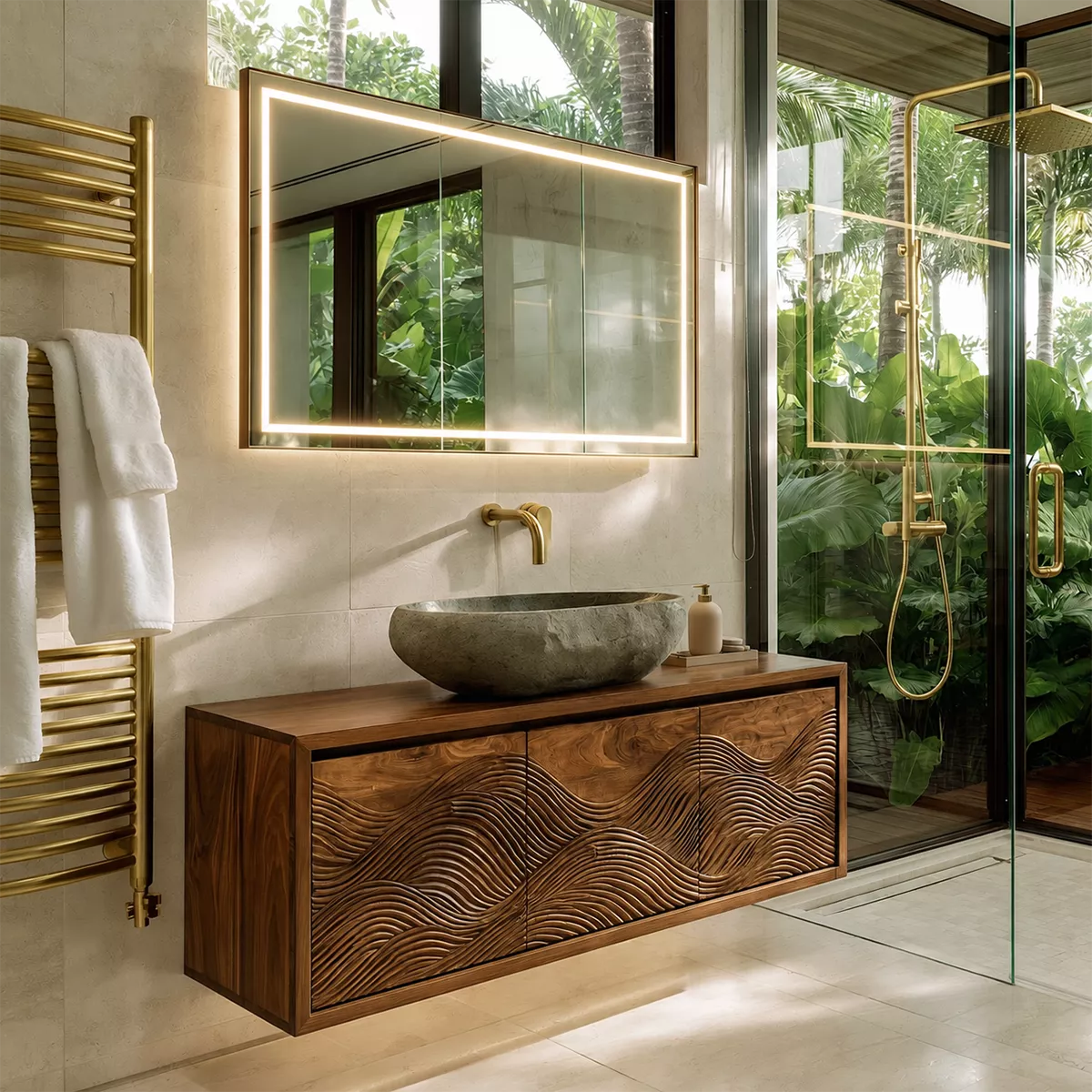 Floating Walnut Wood Bathroom Vanity With Carved Wave Front And Hidden Cabinet Storage - Livewoodcraft - 4960 - 4