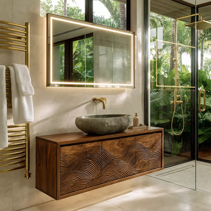 Floating Walnut Wood Bathroom Vanity With Carved Wave Front And Hidden Cabinet Storage - Livewoodcraft - 4960 - 4