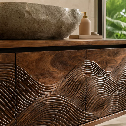 Floating Walnut Wood Bathroom Vanity With Carved Wave Front And Hidden Cabinet Storage - Livewoodcraft - 4960 - 5