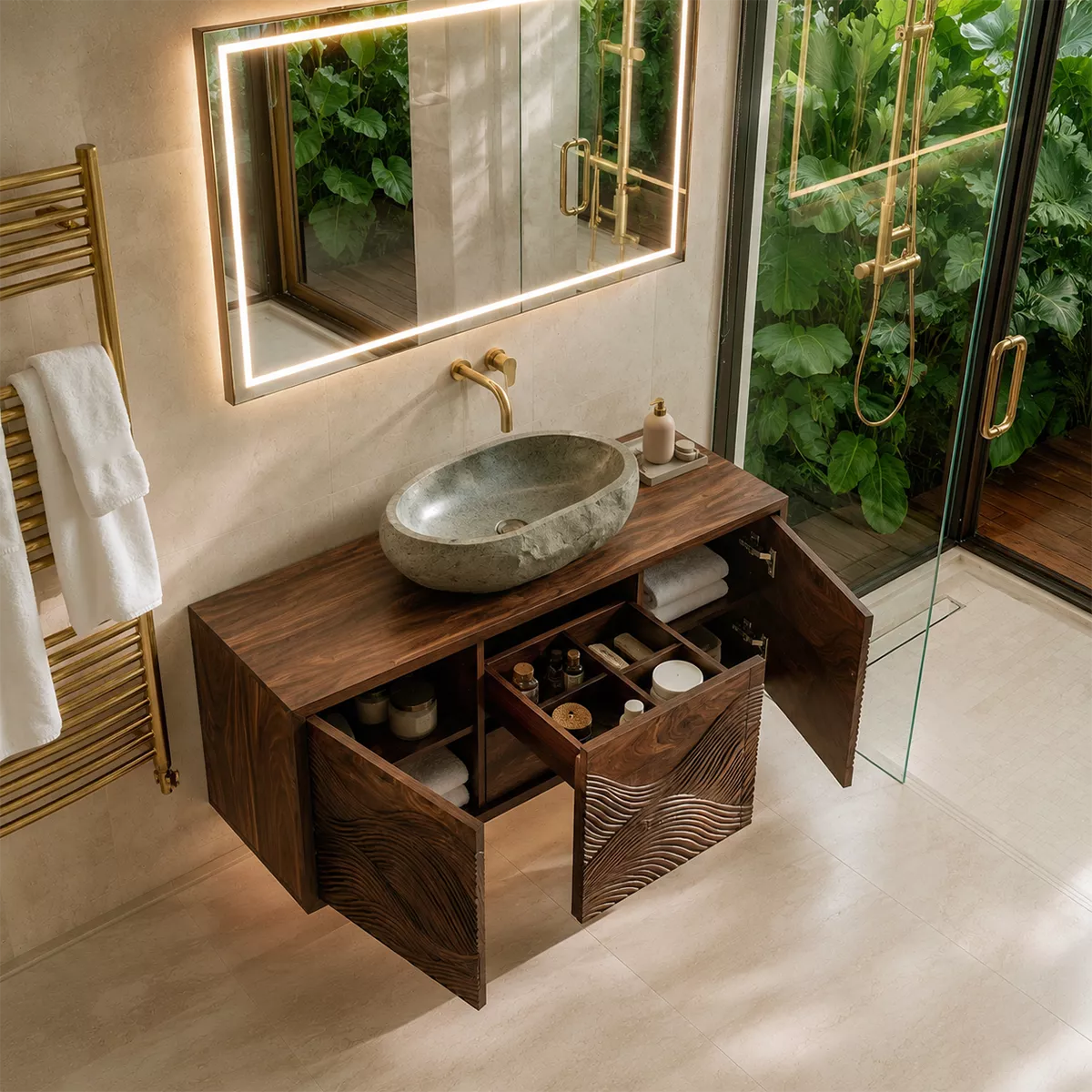 Floating Walnut Wood Bathroom Vanity With Carved Wave Front And Hidden Cabinet Storage - Livewoodcraft - 4960 - 6