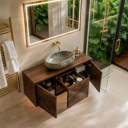 Floating Walnut Wood Bathroom Vanity With Carved Wave Front And Hidden Cabinet Storage - Livewoodcraft - 4960 - 6