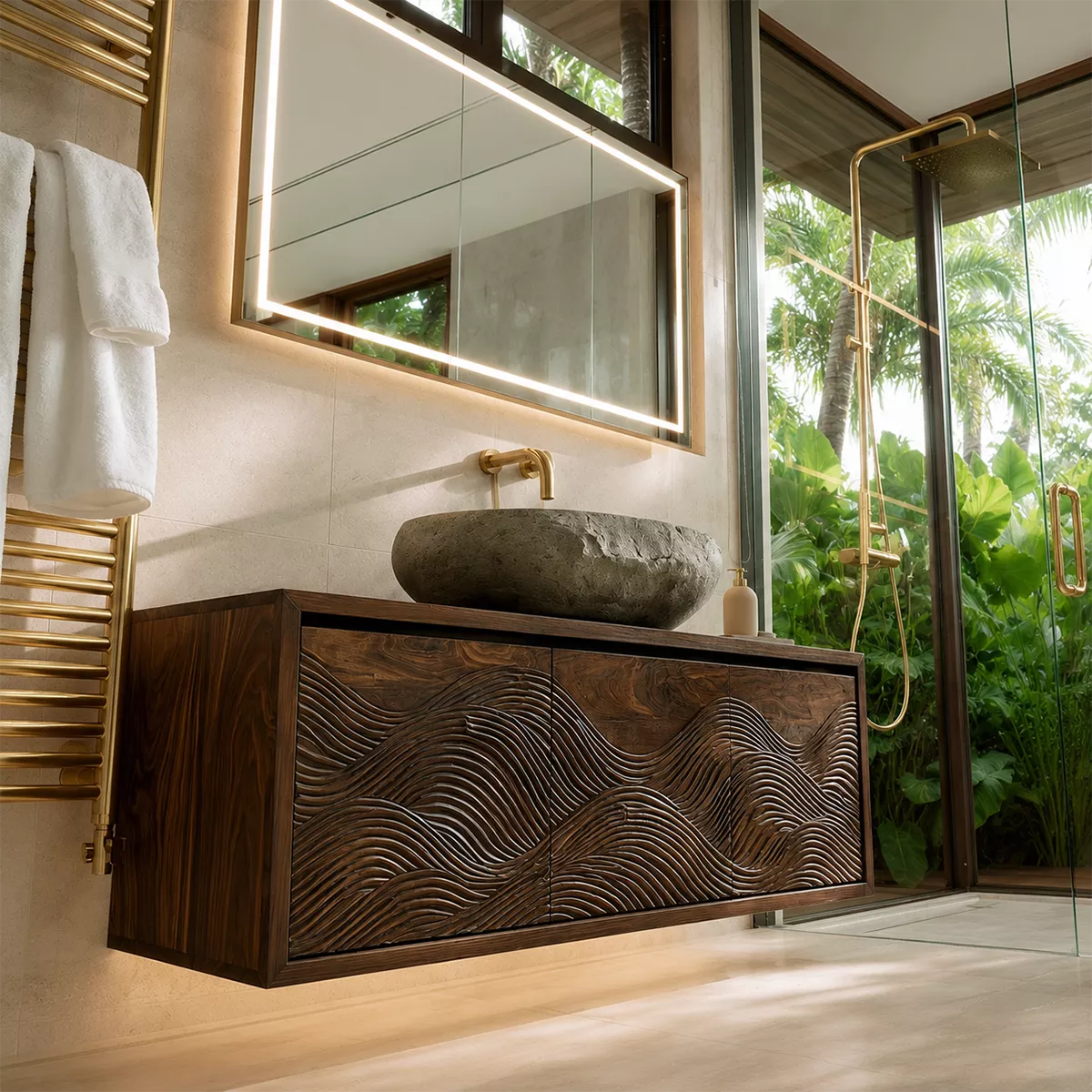 Floating Walnut Wood Bathroom Vanity With Carved Wave Front And Hidden Cabinet Storage - Livewoodcraft - 4960 - 7