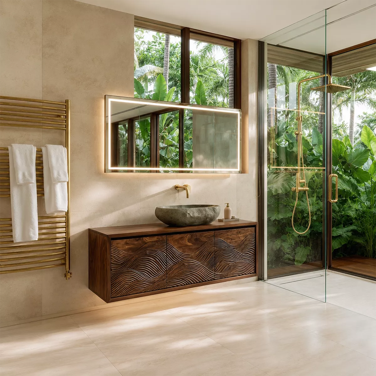 Floating Walnut Wood Bathroom Vanity With Carved Wave Front And Hidden Cabinet Storage - Livewoodcraft - 4960 - 8
