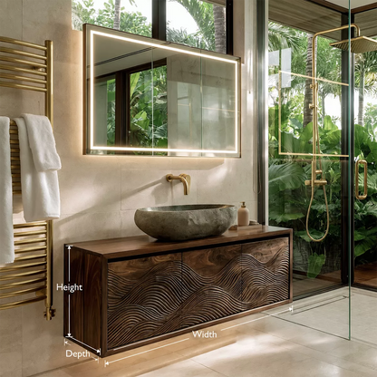 Floating Walnut Wood Bathroom Vanity With Carved Wave Front And Hidden Cabinet Storage - Livewoodcraft - 4960 - 9
