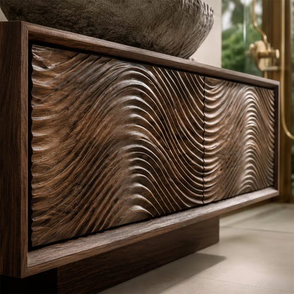 Floating Walnut Wood Bathroom Vanity With Carved Wave Front And Hidden Cabinet Storage - Livewoodcraft - 5