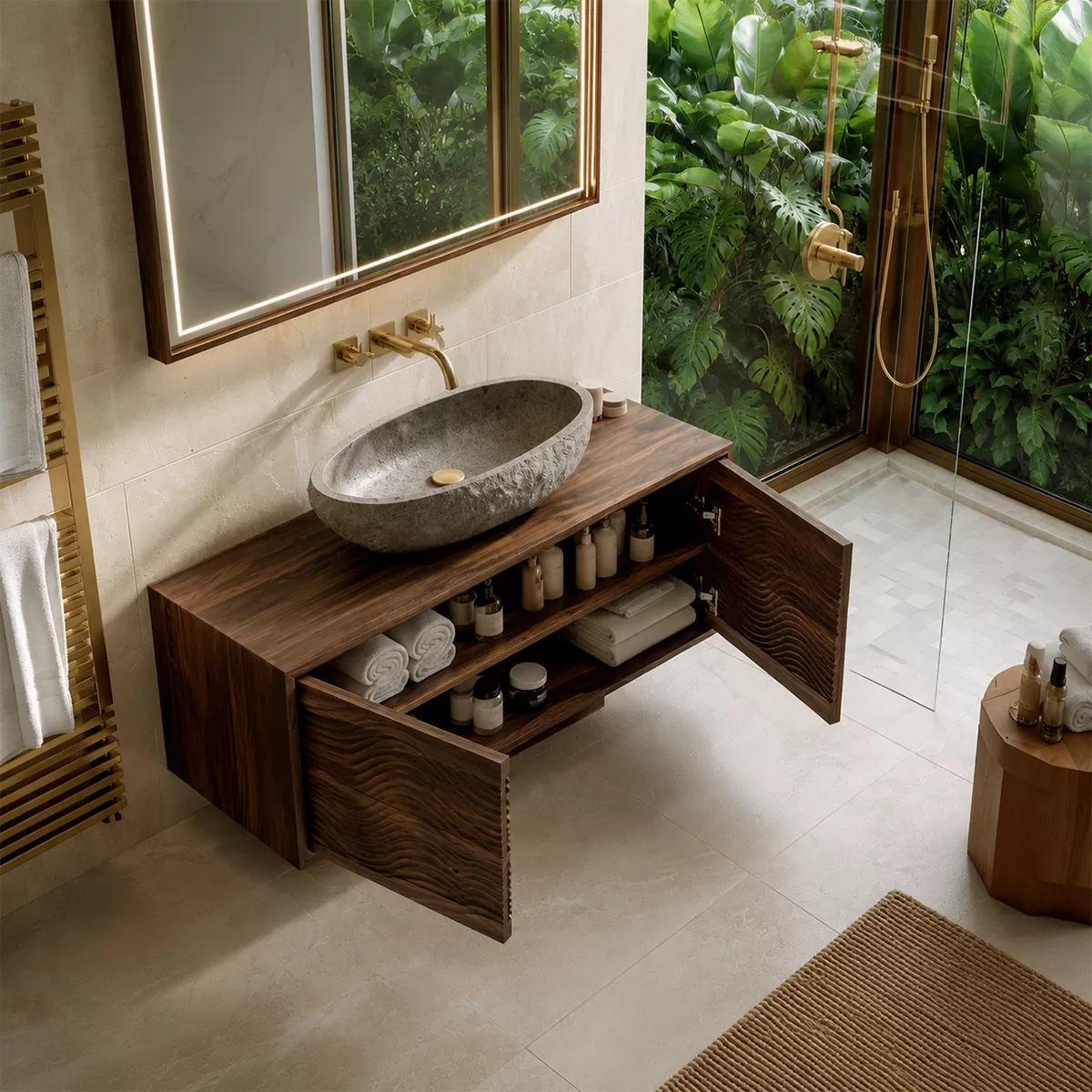 Floating Walnut Wood Bathroom Vanity With Carved Wave Front And Hidden Cabinet Storage - Livewoodcraft - 6