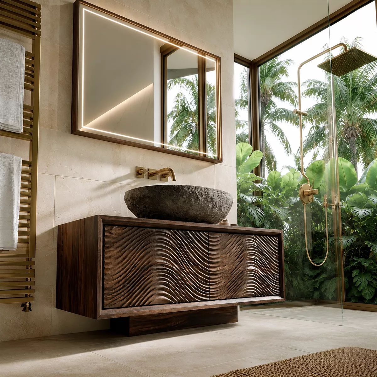 Floating Walnut Wood Bathroom Vanity With Carved Wave Front And Hidden Cabinet Storage - Livewoodcraft - 7