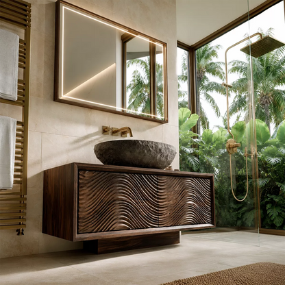 Floating Walnut Wood Bathroom Vanity With Carved Wave Front And Hidden Cabinet Storage - Livewoodcraft - 7