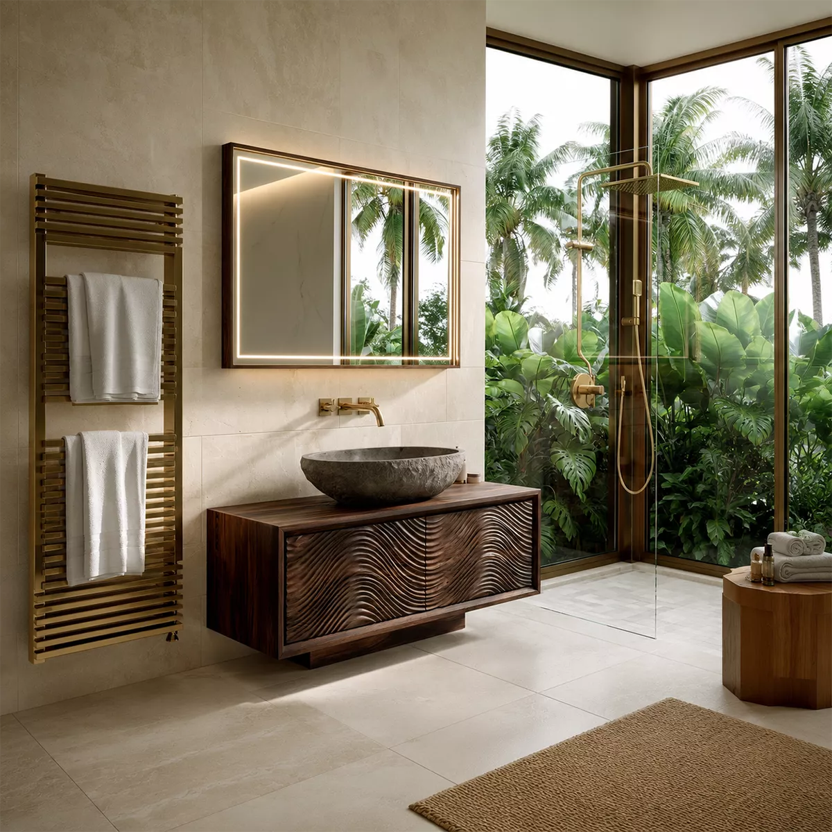Floating Walnut Wood Bathroom Vanity With Carved Wave Front And Hidden Cabinet Storage - Livewoodcraft - 8