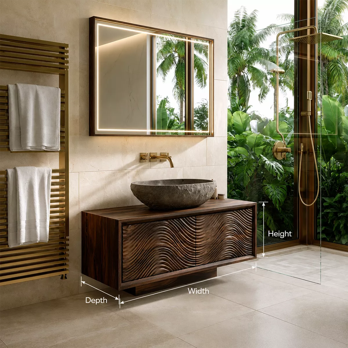 Floating Walnut Wood Bathroom Vanity With Carved Wave Front And Hidden Cabinet Storage - Livewoodcraft - 9