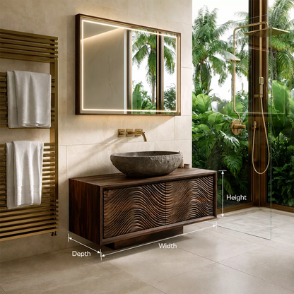 Floating Walnut Wood Bathroom Vanity With Carved Wave Front And Hidden Cabinet Storage - Livewoodcraft - 9