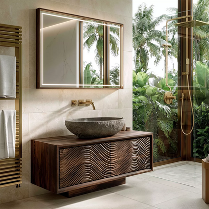 Floating Walnut Wood Bathroom Vanity With Carved Wave Front And Hidden Cabinet Storage - Livewoodcraft
