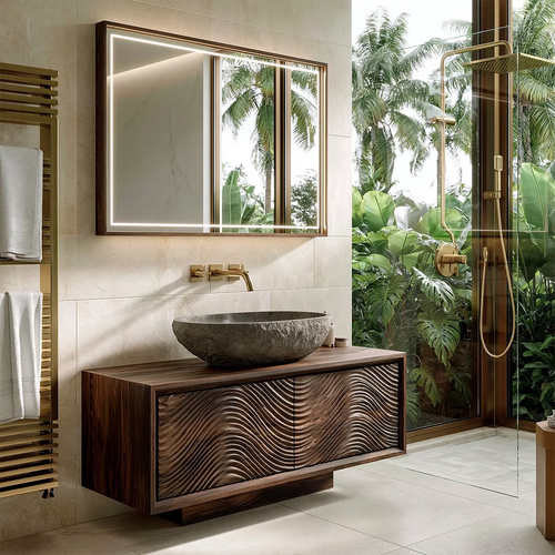 Floating Walnut Wood Bathroom Vanity With Carved Wave Front And Hidden Cabinet Storage - Livewoodcraft