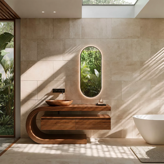 Floating Walnut Wood Bathroom Vanity With Curved C Frame And Hidden Drawer Storage - Echotimber