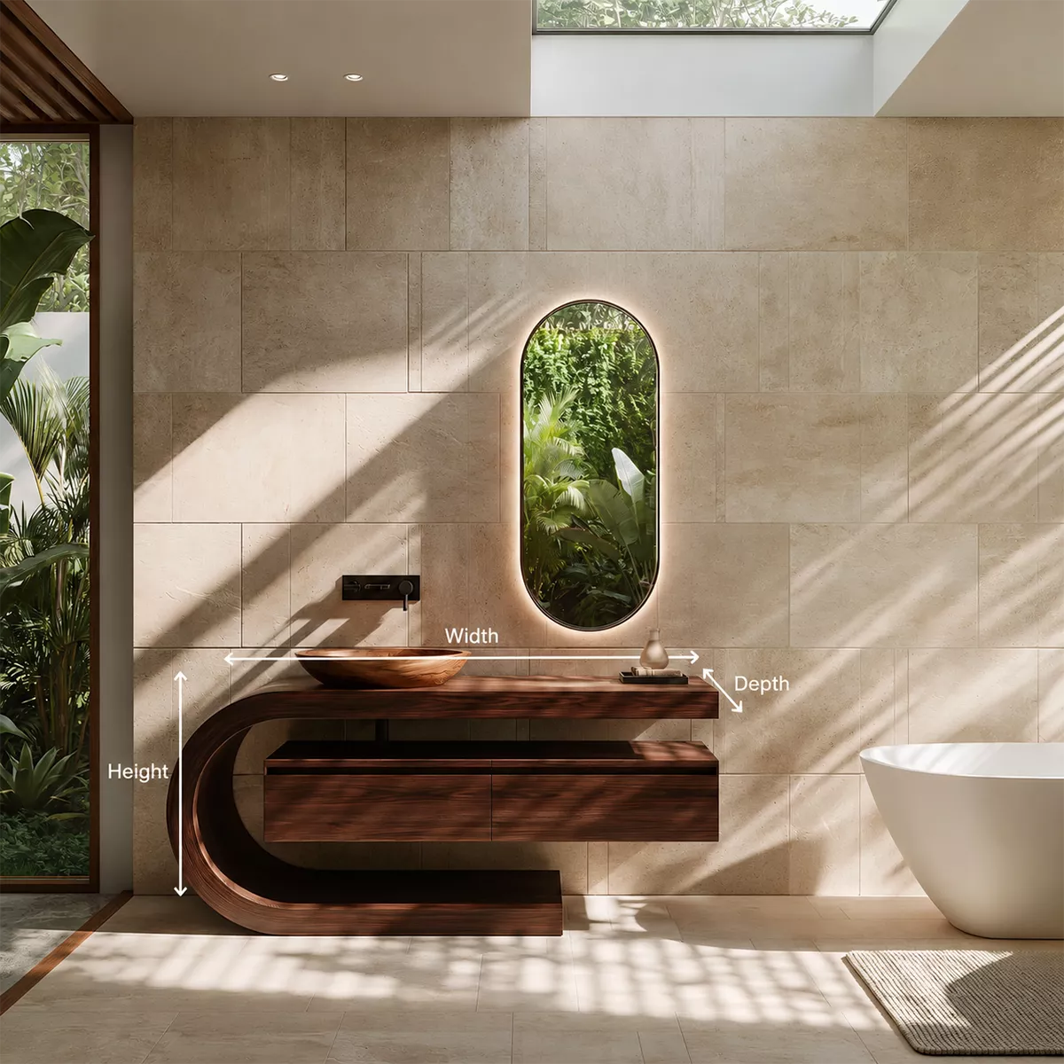 Floating Walnut Wood Bathroom Vanity With Curved C Frame And Hidden Drawer Storage - Livewoodcraft - 10