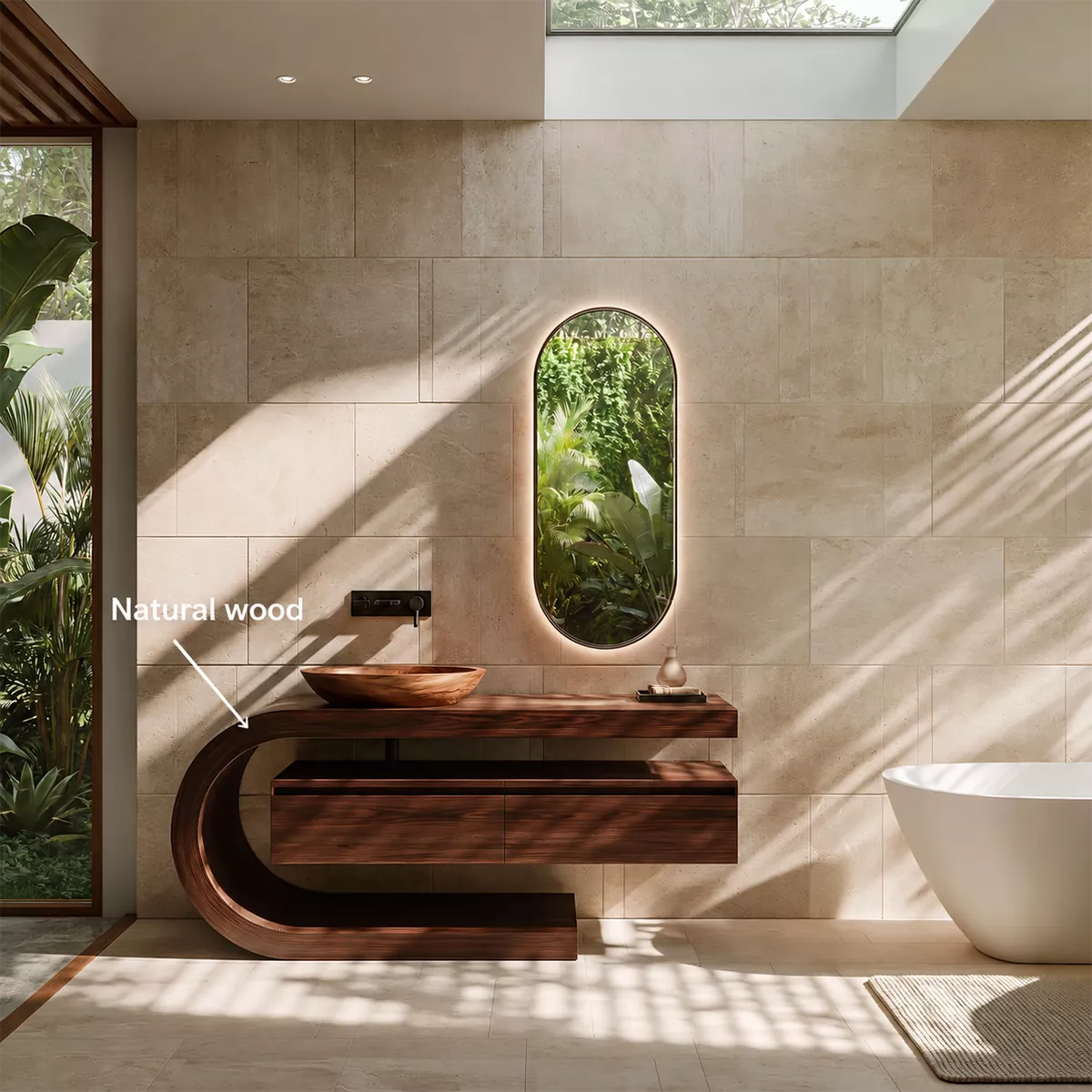 Floating Walnut Wood Bathroom Vanity With Curved C Frame And Hidden Drawer Storage - Livewoodcraft - 11
