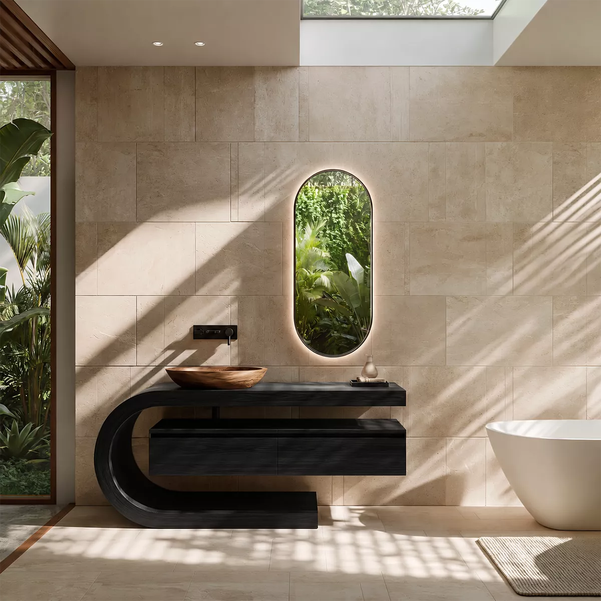 Floating Walnut Wood Bathroom Vanity With Curved C Frame And Hidden Drawer Storage - Livewoodcraft - 3