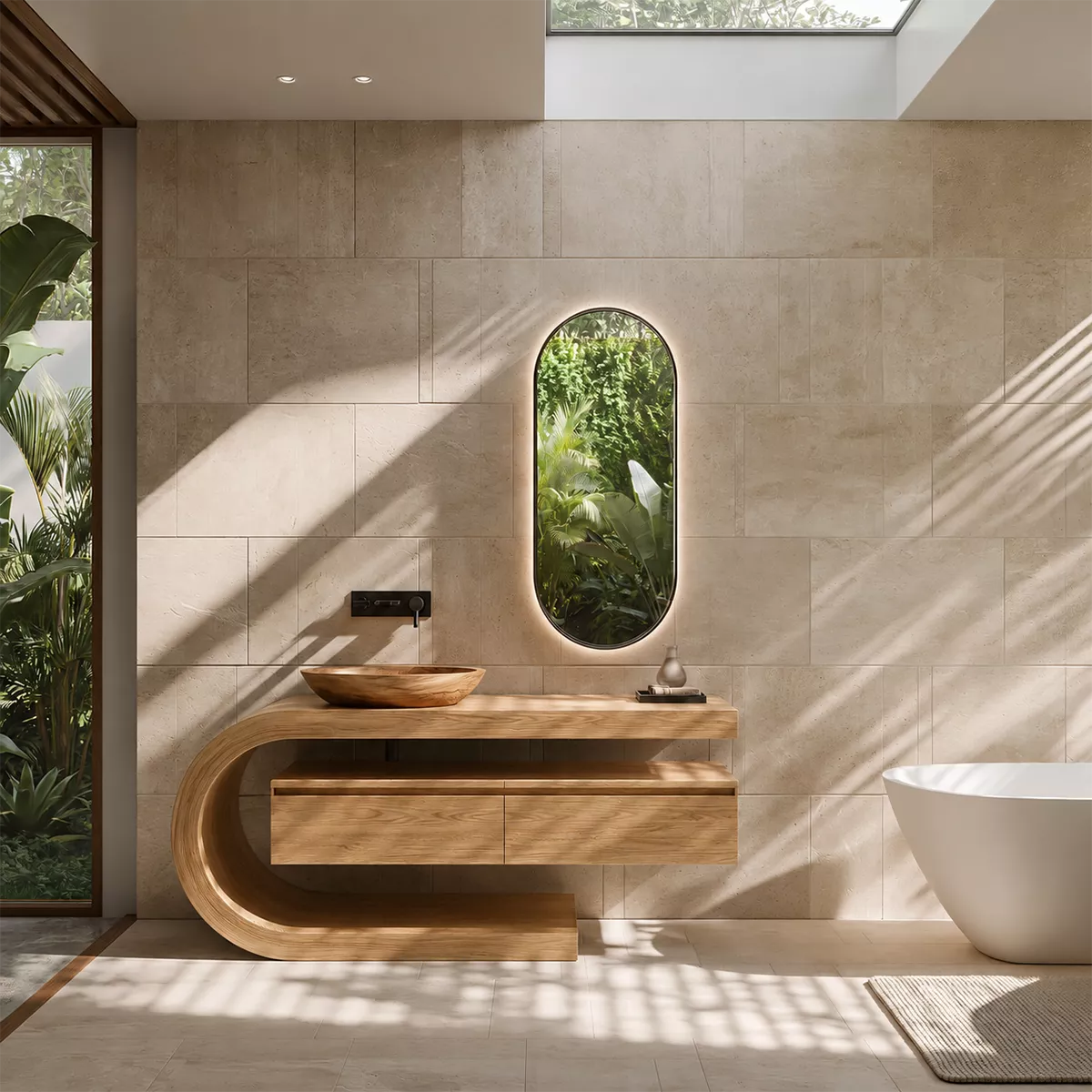 Floating Walnut Wood Bathroom Vanity With Curved C Frame And Hidden Drawer Storage - Livewoodcraft - 4