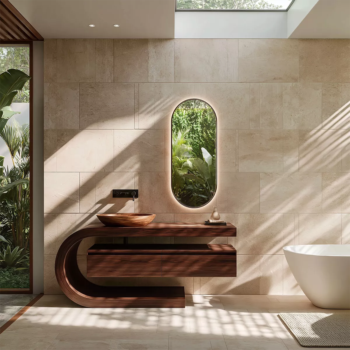 Floating Walnut Wood Bathroom Vanity With Curved C Frame And Hidden Drawer Storage - Livewoodcraft - 5