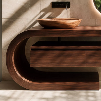 Floating Walnut Wood Bathroom Vanity With Curved C Frame And Hidden Drawer Storage - Livewoodcraft - 6
