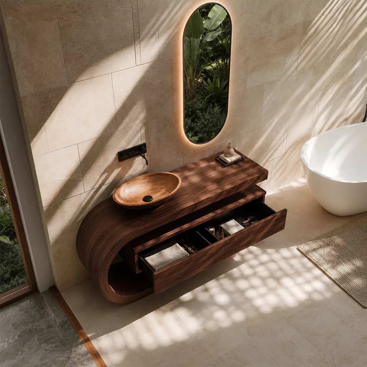 Floating Walnut Wood Bathroom Vanity With Curved C Frame And Hidden Drawer Storage - Livewoodcraft - 7
