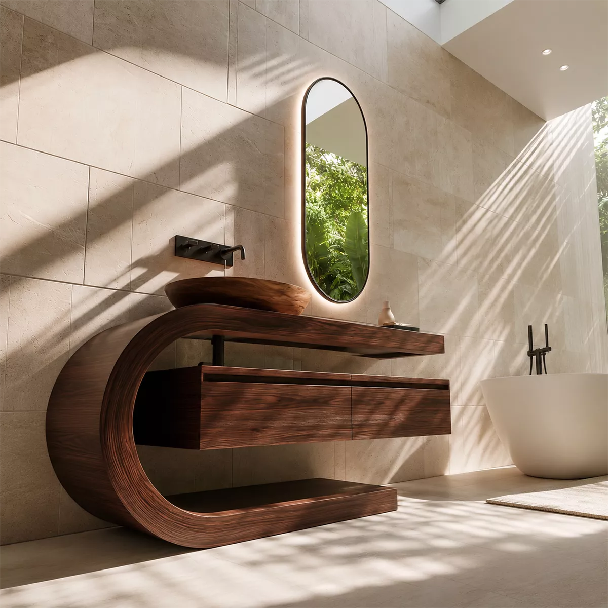 Floating Walnut Wood Bathroom Vanity With Curved C Frame And Hidden Drawer Storage - Livewoodcraft - 8