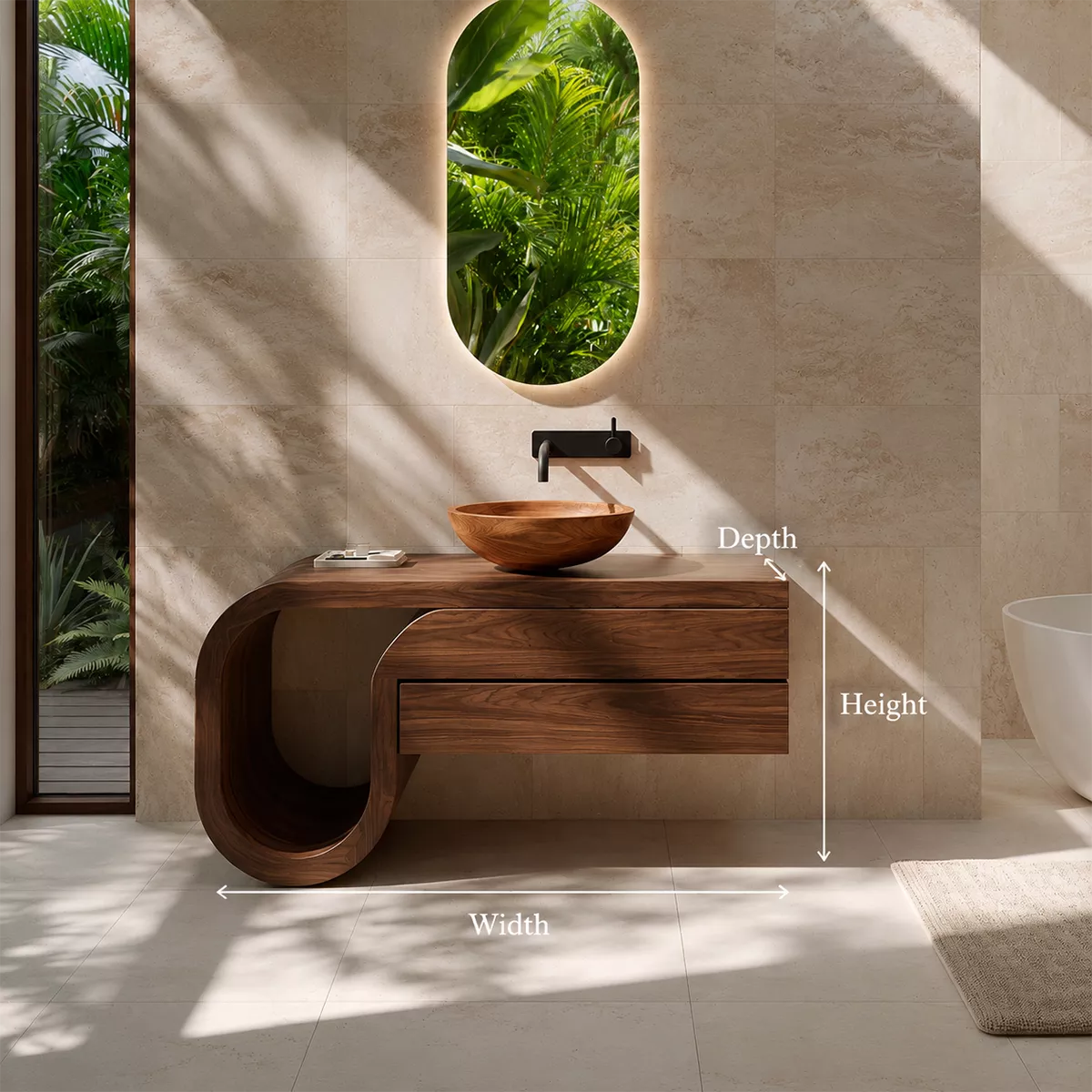Floating Walnut Wood Bathroom Vanity With Curved U Frame And Hidden Drawer Storage - Livewoodcraft - 10