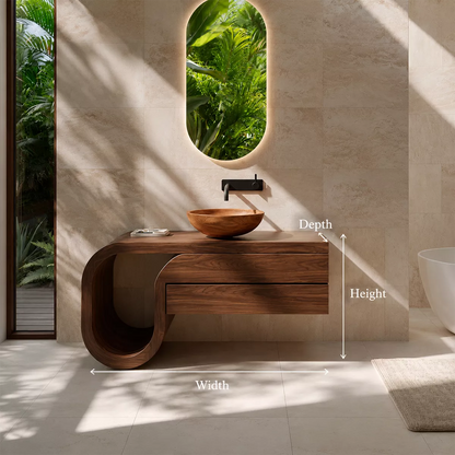 Floating Walnut Wood Bathroom Vanity With Curved U Frame And Hidden Drawer Storage - Livewoodcraft - 10