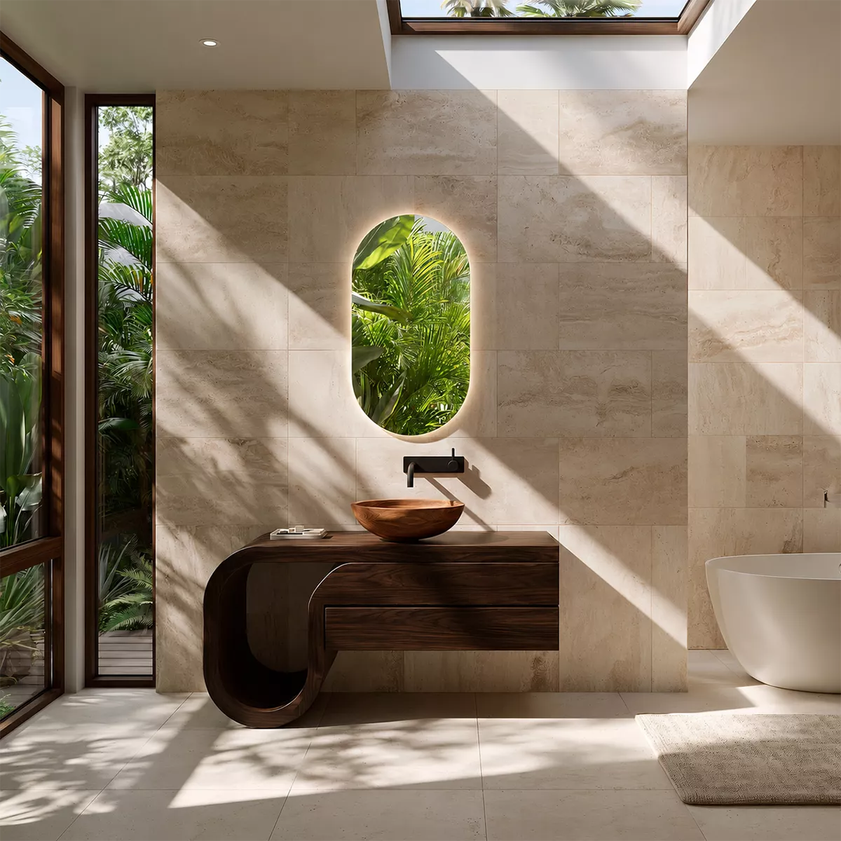 Floating Walnut Wood Bathroom Vanity With Curved U Frame And Hidden Drawer Storage - Livewoodcraft - 2