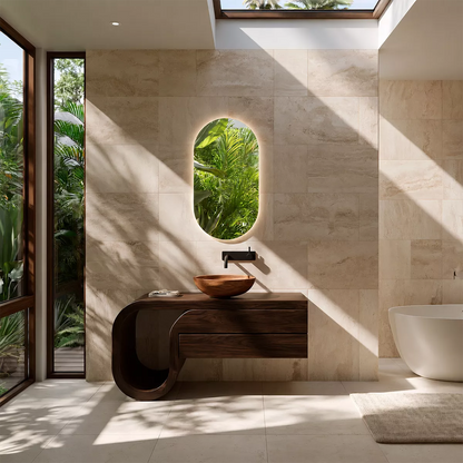 Floating Walnut Wood Bathroom Vanity With Curved U Frame And Hidden Drawer Storage - Livewoodcraft - 2