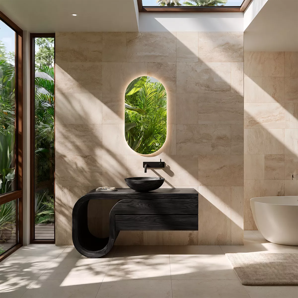 Floating Walnut Wood Bathroom Vanity With Curved U Frame And Hidden Drawer Storage - Livewoodcraft - 3