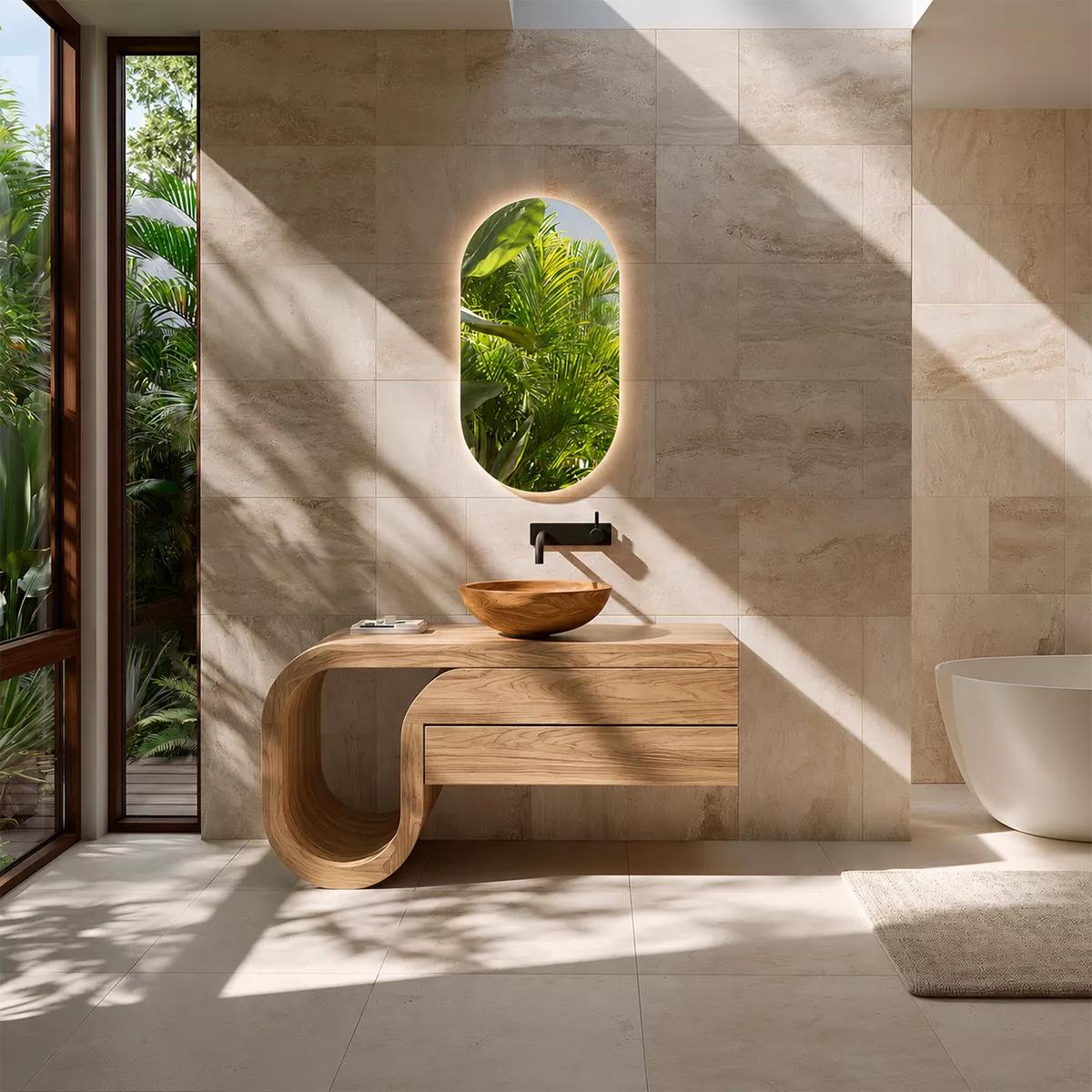 Floating Walnut Wood Bathroom Vanity With Curved U Frame And Hidden Drawer Storage - Livewoodcraft - 4