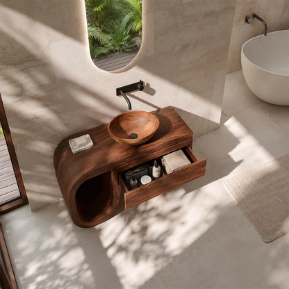 Floating Walnut Wood Bathroom Vanity With Curved U Frame And Hidden Drawer Storage - Livewoodcraft - 5