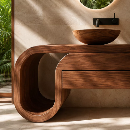 Floating Walnut Wood Bathroom Vanity With Curved U Frame And Hidden Drawer Storage - Livewoodcraft - 6