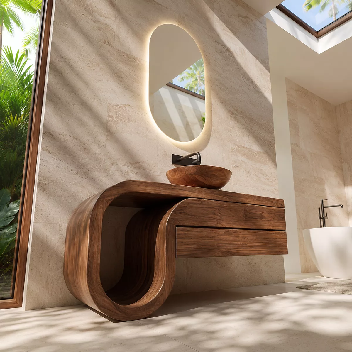 Floating Walnut Wood Bathroom Vanity With Curved U Frame And Hidden Drawer Storage - Livewoodcraft - 7