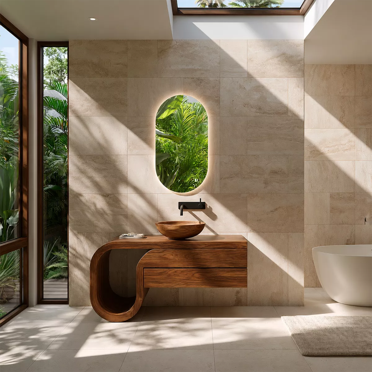 Floating Walnut Wood Bathroom Vanity With Curved U Frame And Hidden Drawer Storage - Livewoodcraft - 9