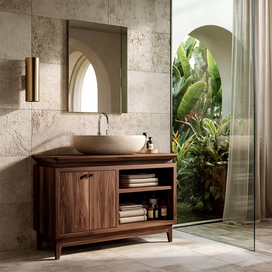 Freestanding Walnut Wood Bathroom Vanity With Hidden Cabinet And Open Shelf Storage - Echotimber