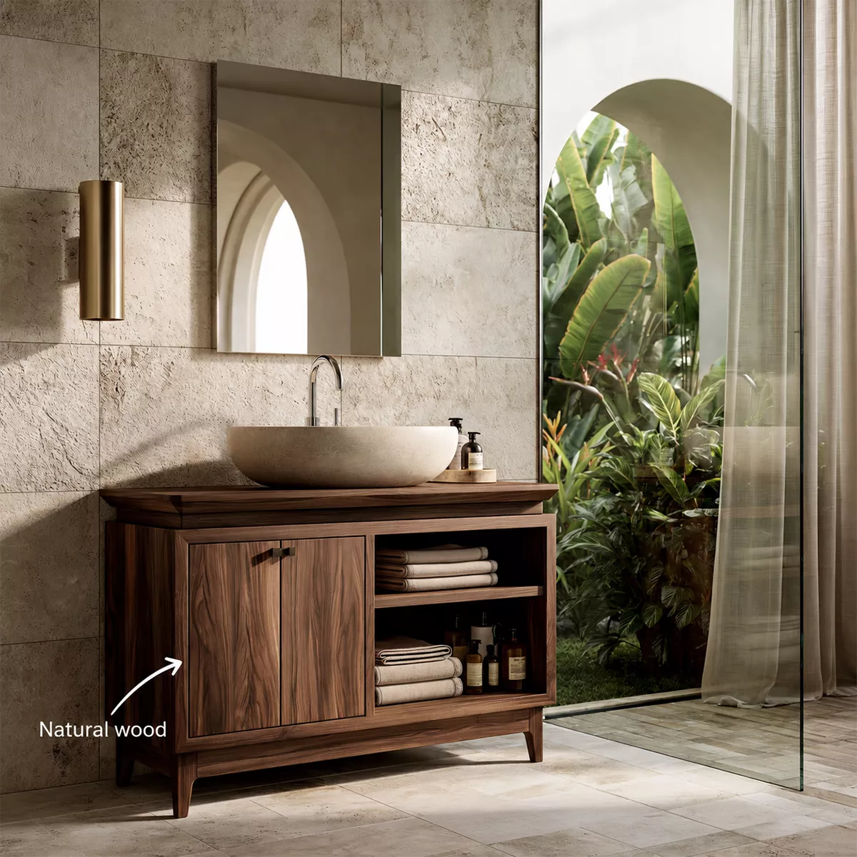 Freestanding Walnut Wood Bathroom Vanity With Hidden Cabinet And Open Shelf Storage - Livewoodcraft - 10