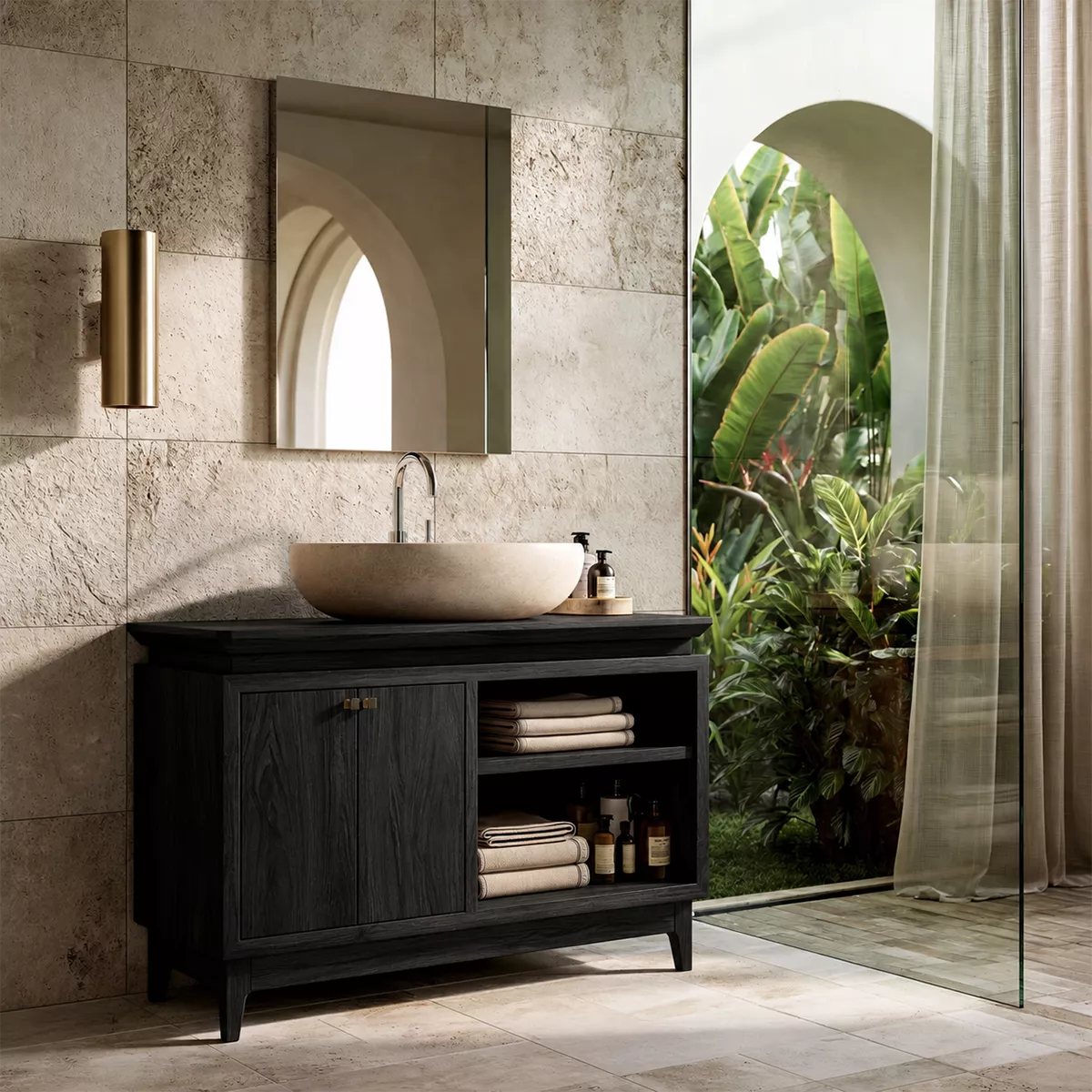Freestanding Walnut Wood Bathroom Vanity With Hidden Cabinet And Open Shelf Storage - Livewoodcraft - 2