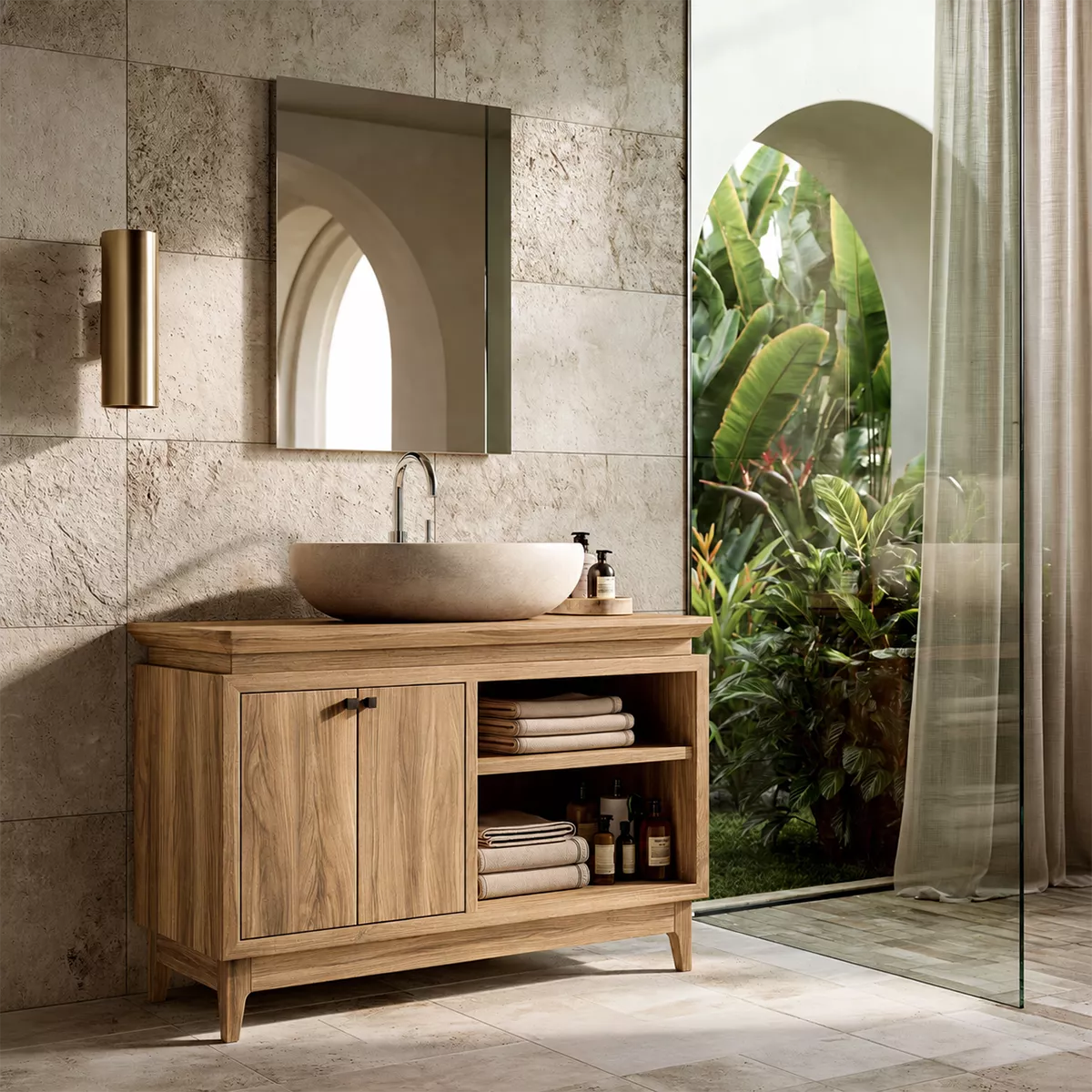Freestanding Walnut Wood Bathroom Vanity With Hidden Cabinet And Open Shelf Storage - Livewoodcraft - 3