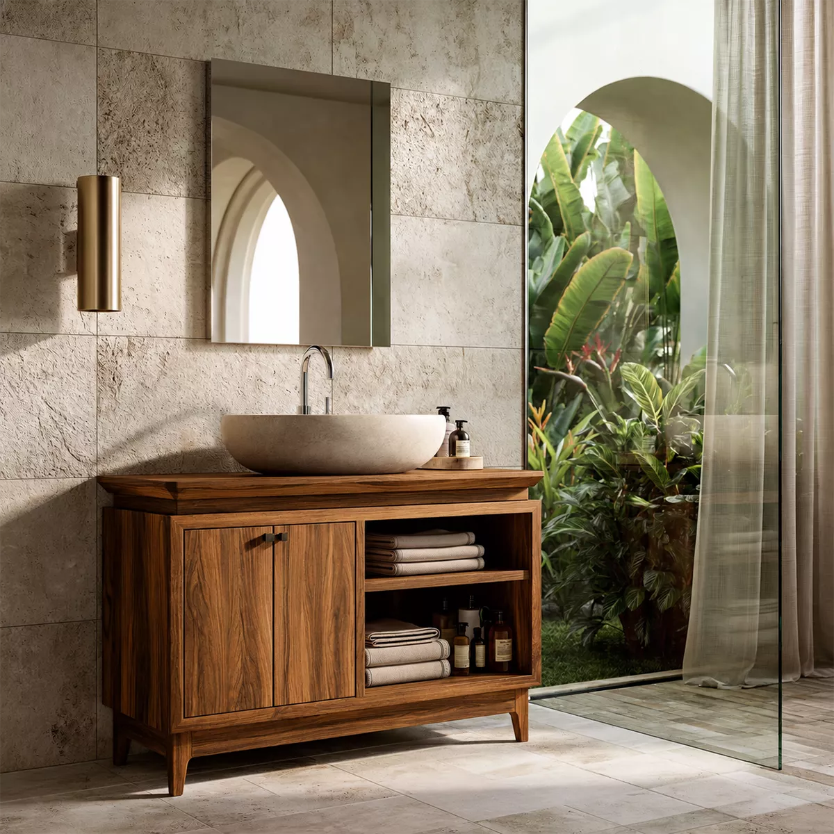 Freestanding Walnut Wood Bathroom Vanity With Hidden Cabinet And Open Shelf Storage - Livewoodcraft - 4