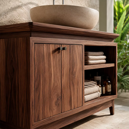 Freestanding Walnut Wood Bathroom Vanity With Hidden Cabinet And Open Shelf Storage - Livewoodcraft - 5